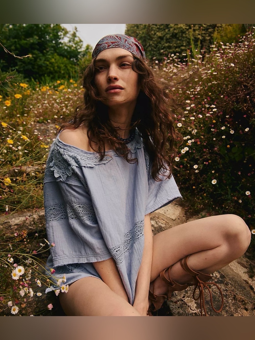We the Free Rustic  Romance Boho Short Sleeve Lace Top in Dusty Blue Oversized M - Picture 5 of 15